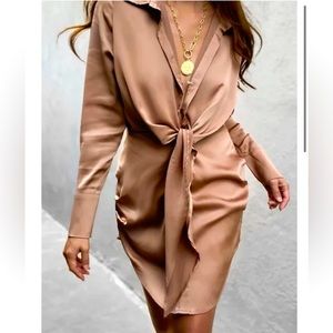 Satin Women Mini Dress Lace Up Bandage Deep V Neck Turn Down Collar Elegant